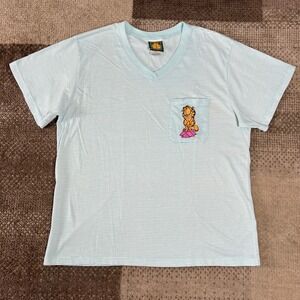 Vintage Garfield Striped Pocket T-Shirt Womens L Blue White V-Neck Short Sleeve